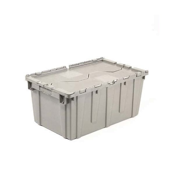 Plastic Attached Lid Shipping & Storage Container, 25-1/4x16-1/4x13-3/4, Gray